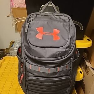 Under Armour Men's Gray Backpack with Red Logo and Accents